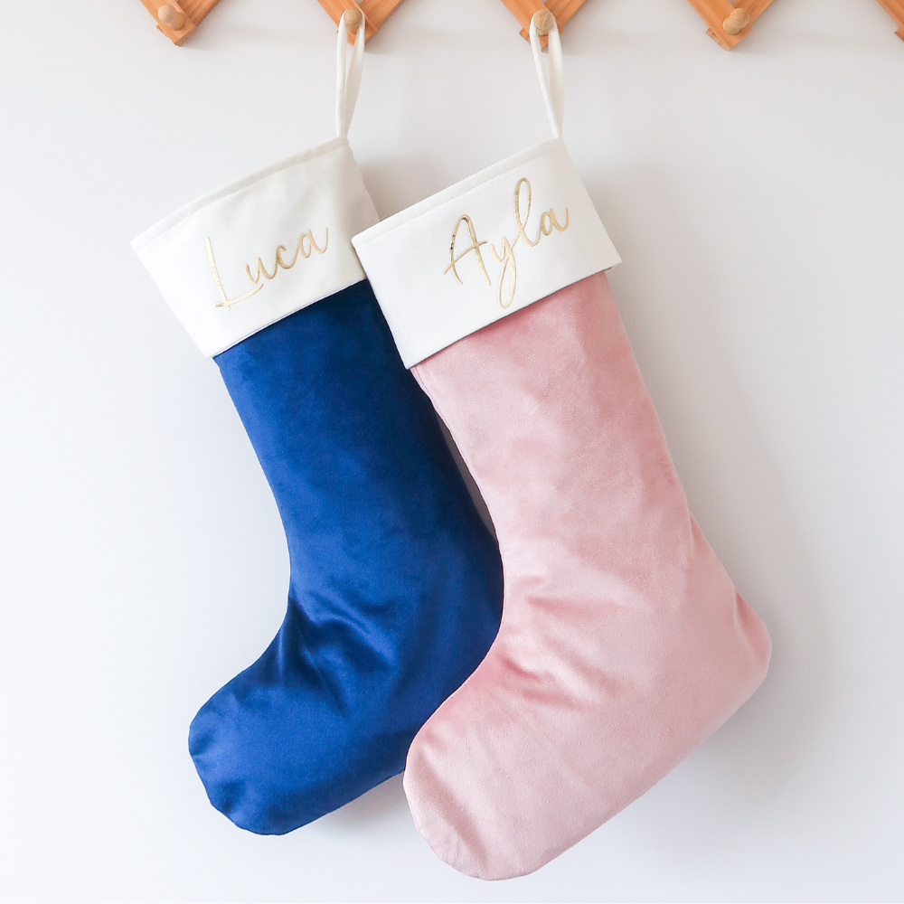 Velvet Christmas Stocking - Blue/Cream