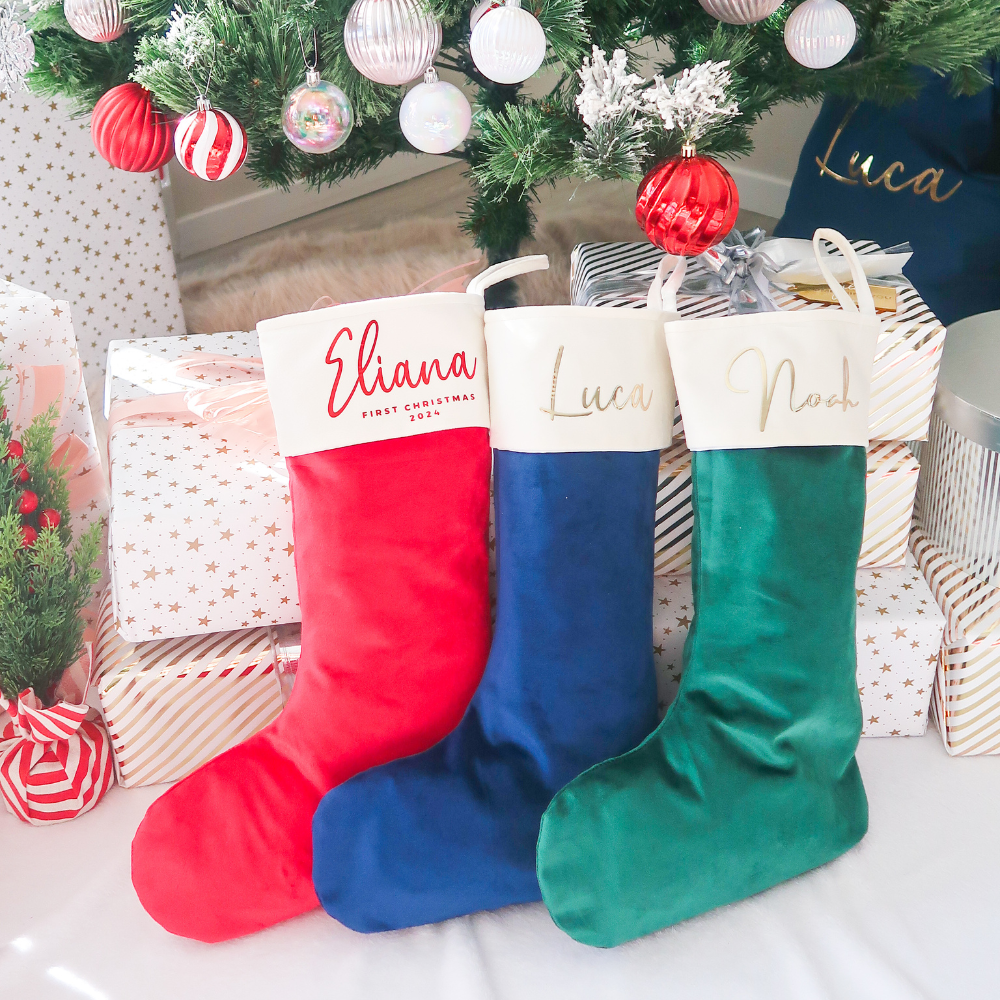 Velvet Christmas Stocking - Blue/Cream