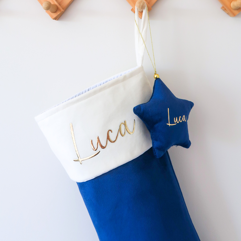 Velvet Christmas Stocking - Blue/Cream