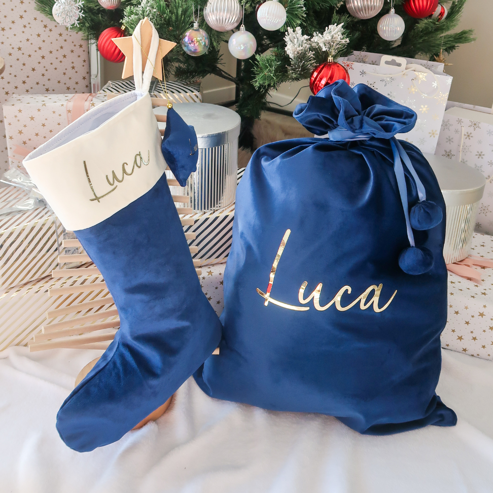 Velvet Christmas Stocking - Blue/Cream