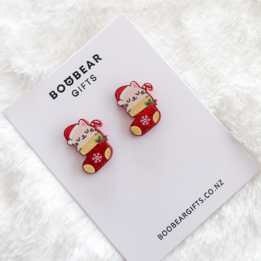 Cat in Stocking Christmas Stud Earrings