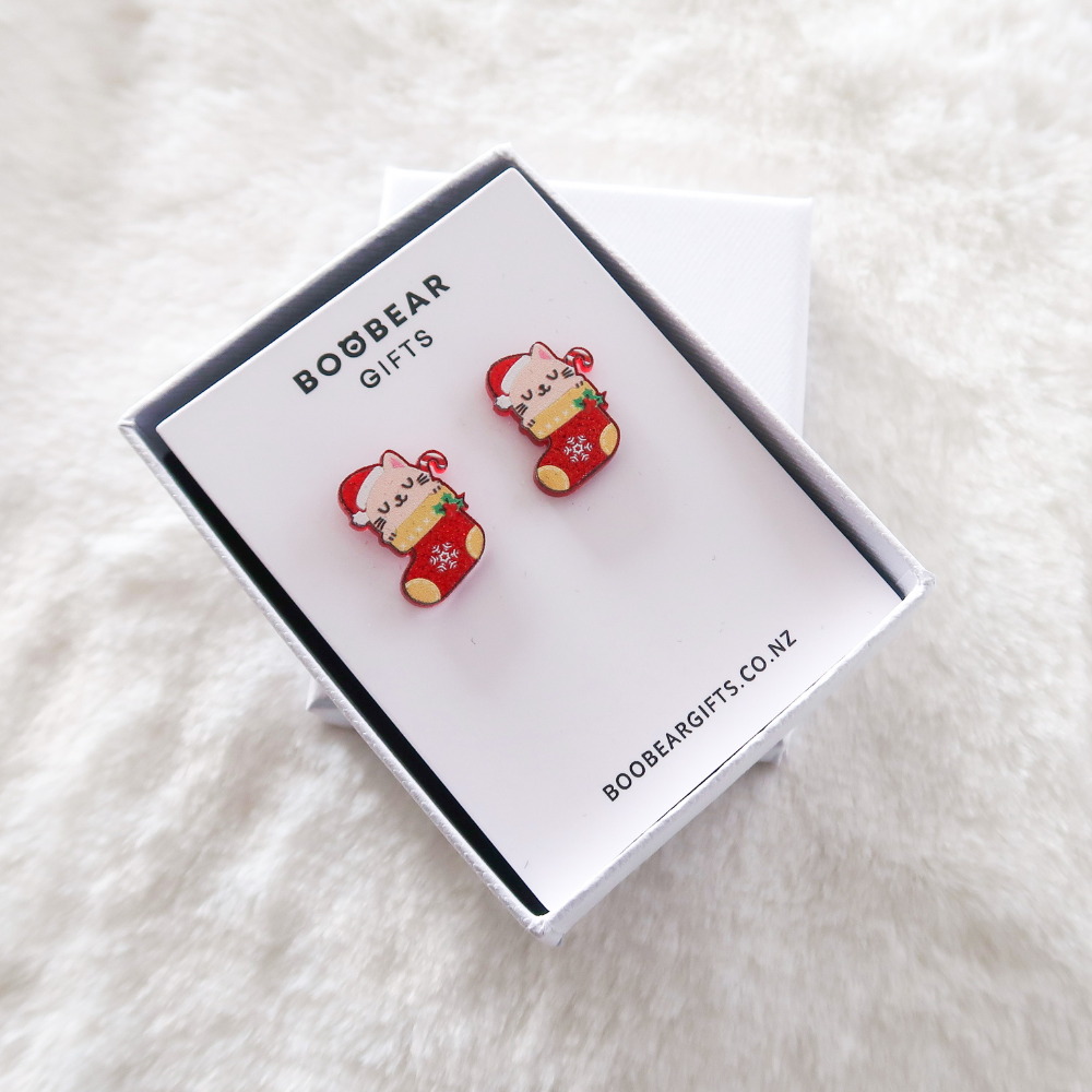 Cat in Stocking Christmas Stud Earrings