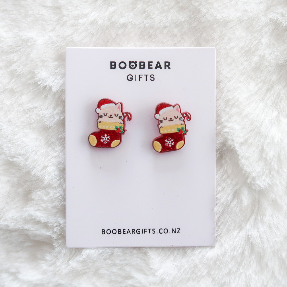 Cat in Stocking Christmas Stud Earrings
