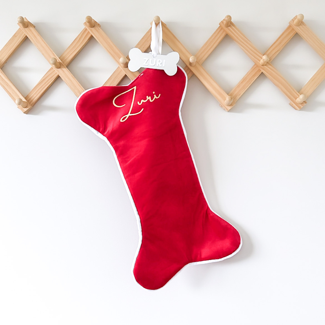 Velvet Dog Bone Christmas Stocking - Red